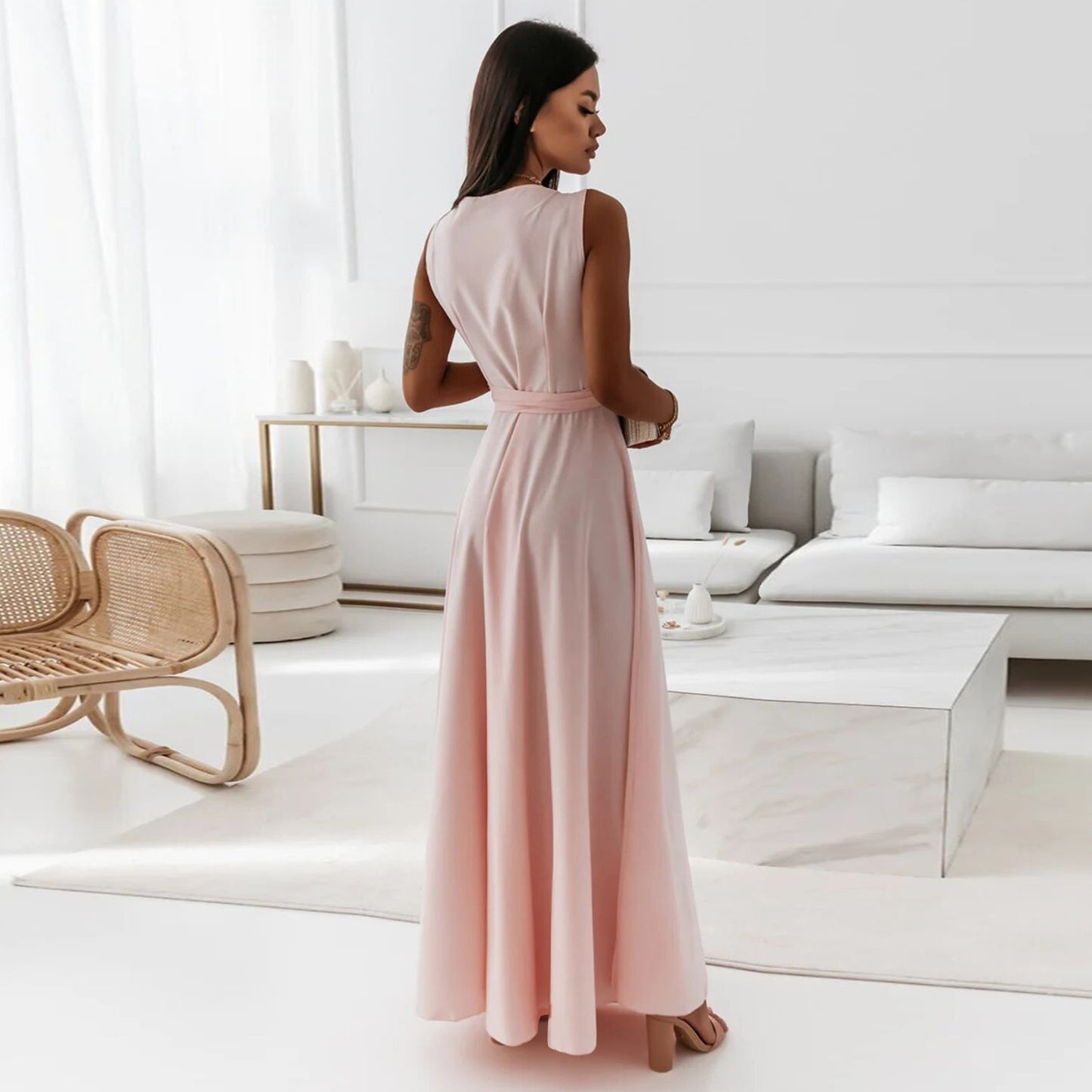 V-neck Sleeveless Maxi Dress With Belt
