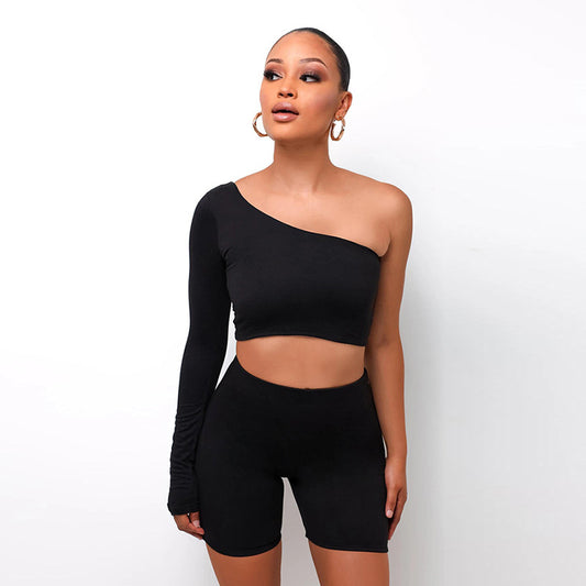 Kliou Solid Asymmetrical Two Piece Set Crop Tops Elastic Bike Shorts Sporty Matching Suits Casual Female Outfit