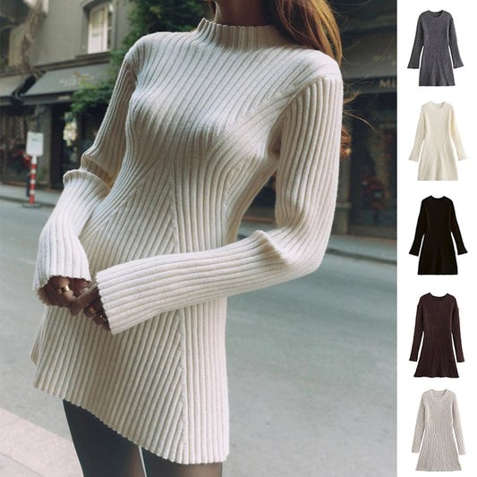 Ribbed Knitted Dress Fall And Winter Slim-fit Stand-up Collar A-line Dress