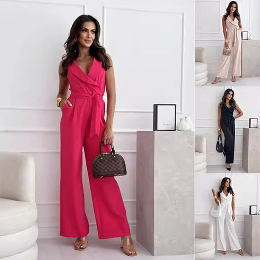 -Neck Belted Sleeveless Jumpsuit – Women's Summer One-Piece Loose Trousers