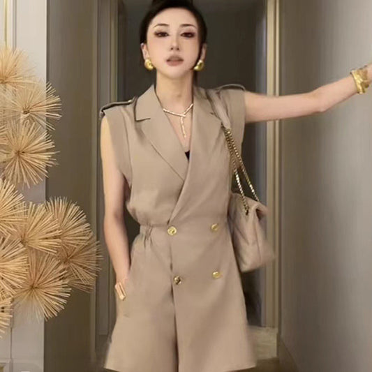 Sleeveless Utility Jumpsuit with Suit Collar & Cargo Pockets