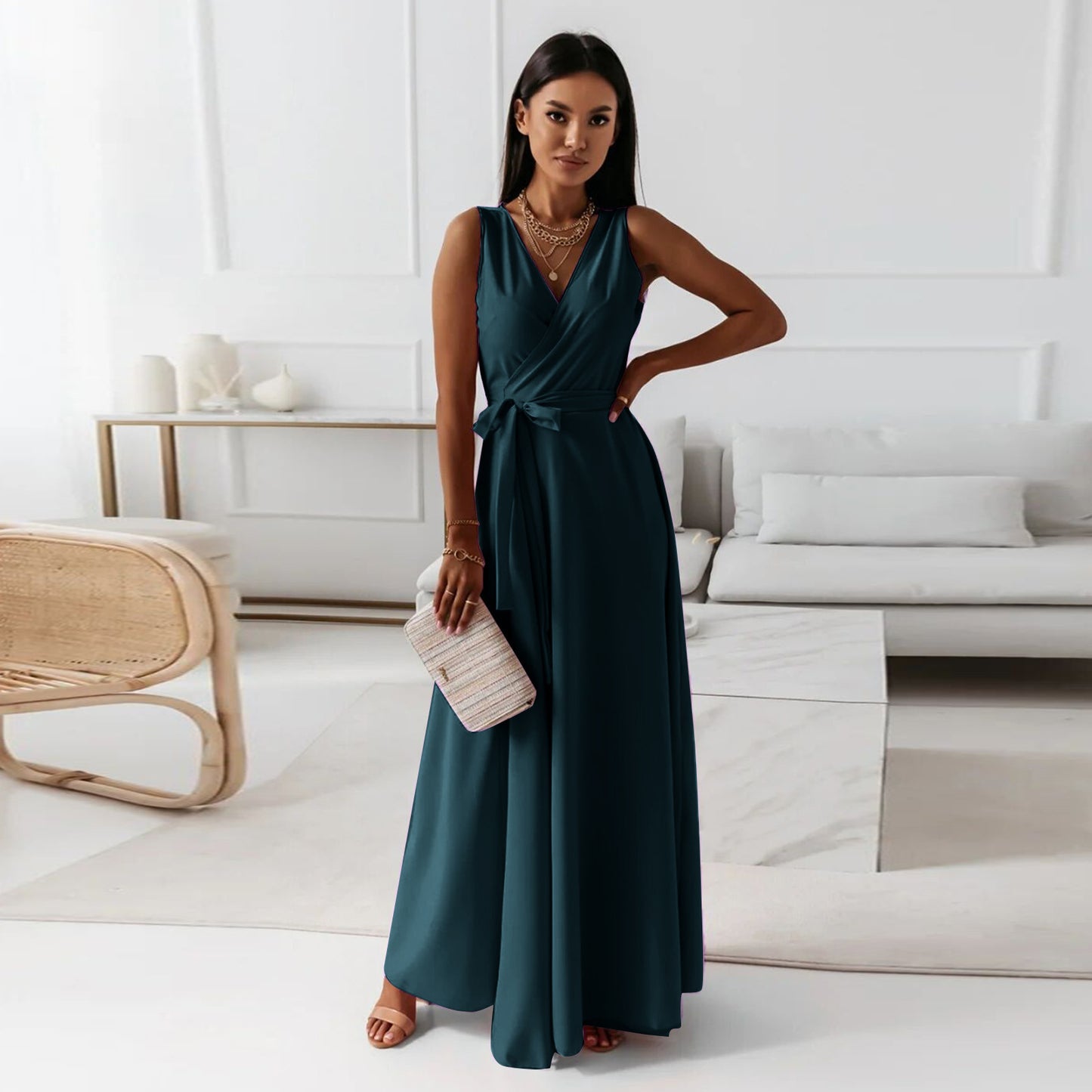 V-neck Sleeveless Maxi Dress With Belt