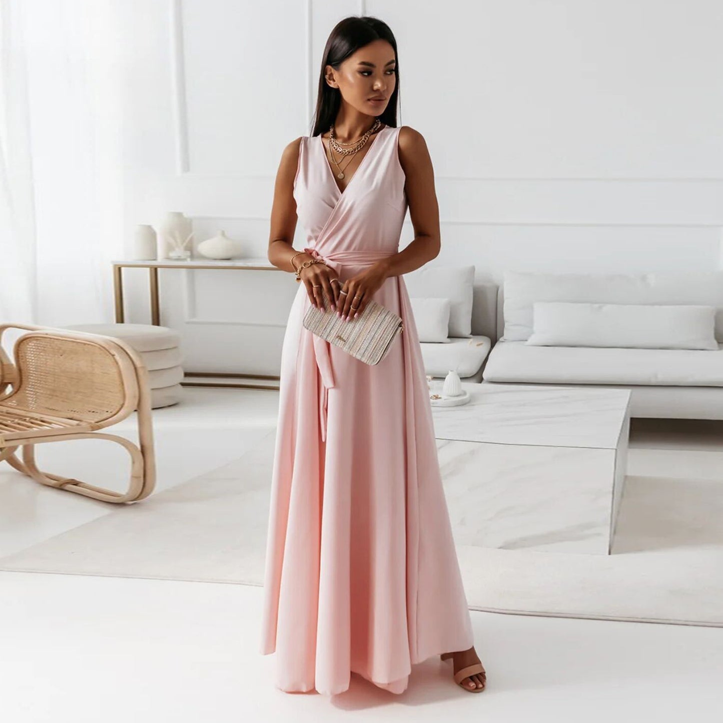 V-neck Sleeveless Maxi Dress With Belt