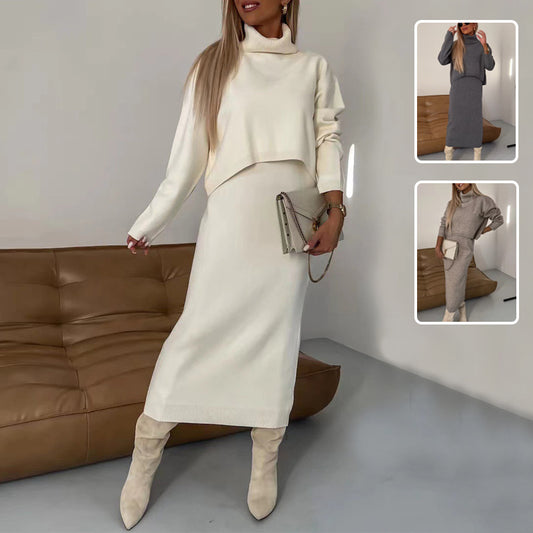 2pcs Sweater Suit Winter  Turtleneck Pullover And Sleeveless Long Skirt