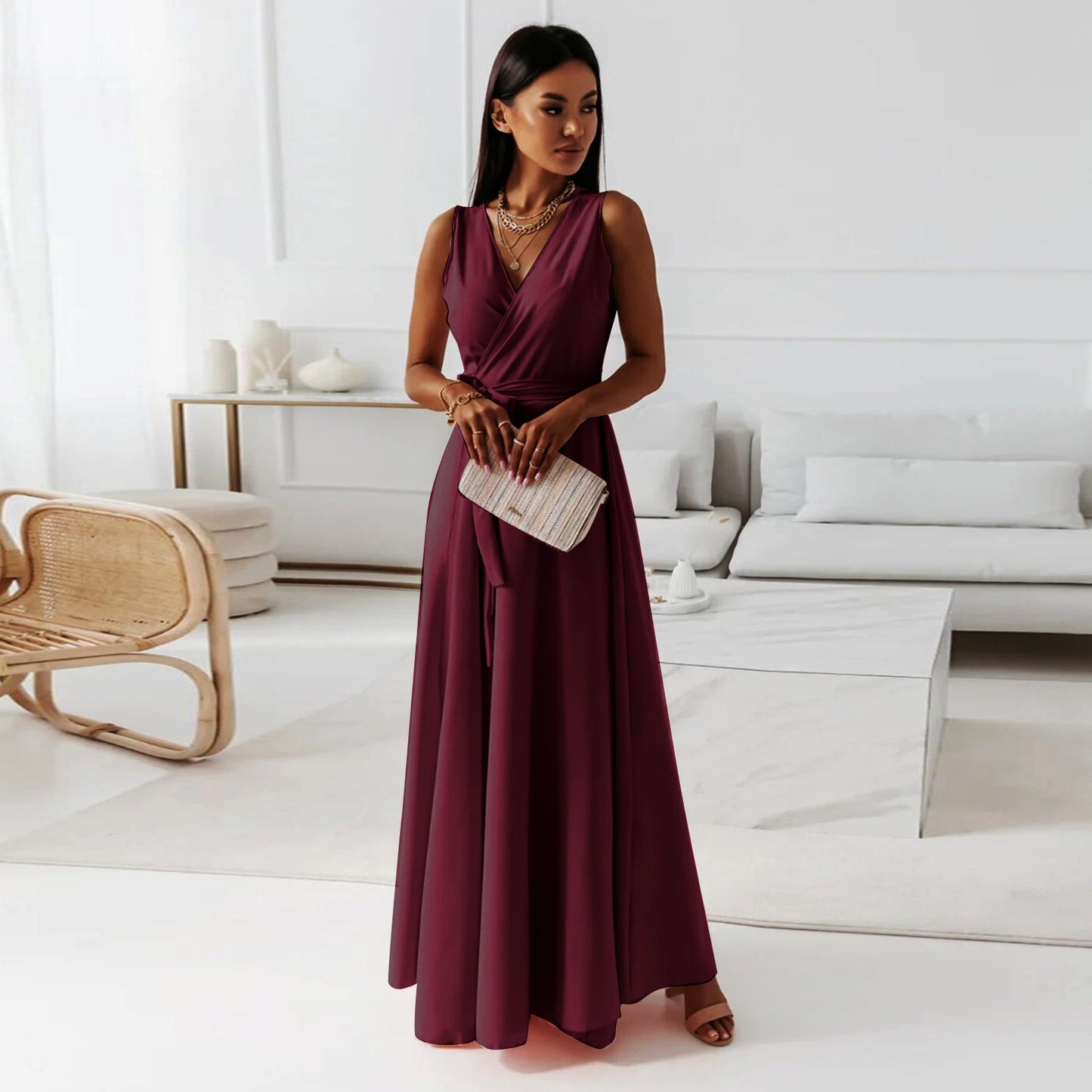 V-neck Sleeveless Maxi Dress With Belt