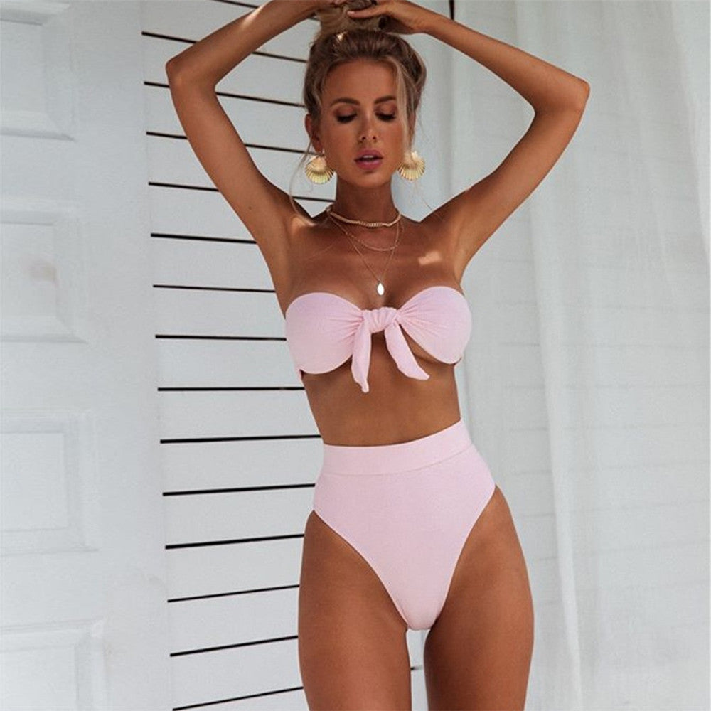 Solid color knotted bikini ladies split swimsuit