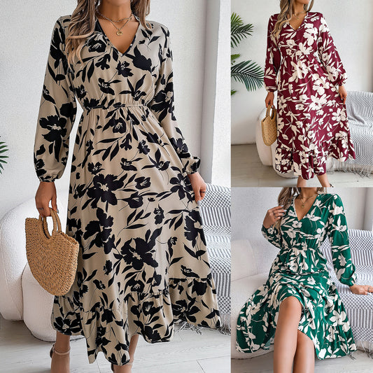 Flower Waist-controlled Long Sleeves Ruffled Maxi Dress