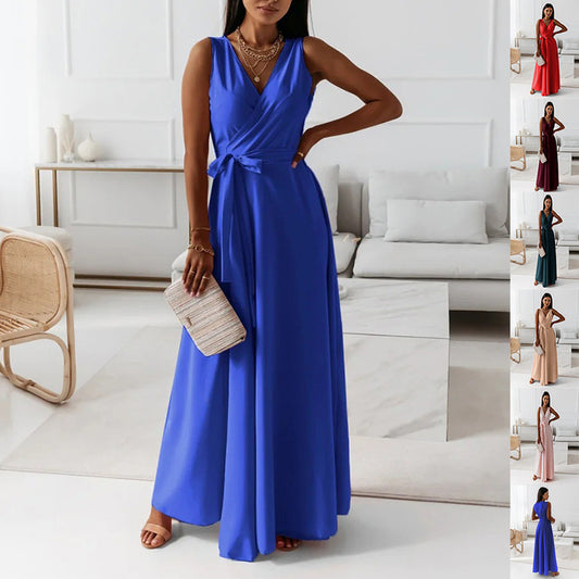 V-neck Sleeveless Maxi Dress With Belt