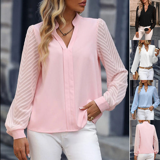 V-neck Long-sleeved Chiffon Blouse Lace Stitching