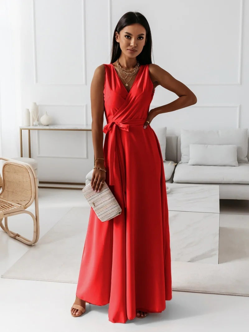 V-neck Sleeveless Maxi Dress With Belt
