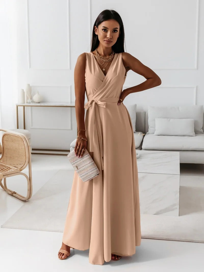V-neck Sleeveless Maxi Dress With Belt