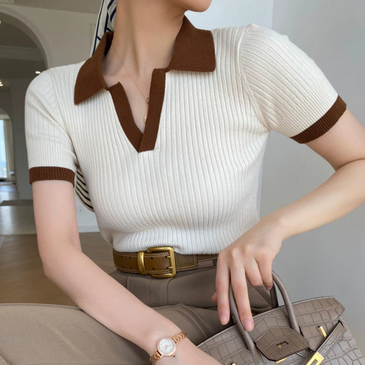Short Sleeve Collar Knitted Jumper