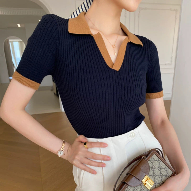Short Sleeve Collar Knitted Jumper