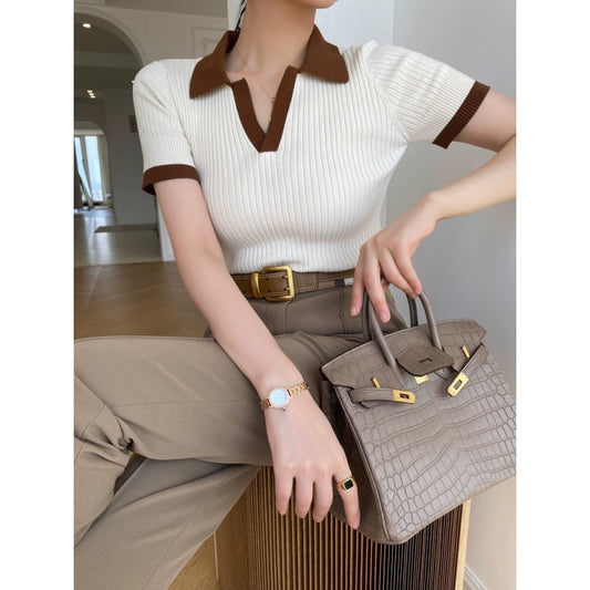 Short Sleeve Collar Knitted Jumper