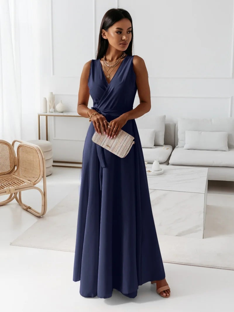 V-neck Sleeveless Maxi Dress With Belt