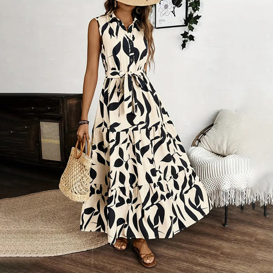 Boho Floral Maxi Dress Summer Button Shirt V Neck Flowy Belted