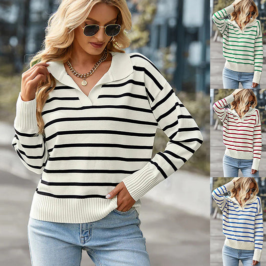 Casual V-neck Lapel Striped Long Sleeve Jumper