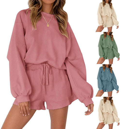 Casual Sports Sweatshirt Suits Loose Pullover Top And Drawstring Shorts Two-piece Set